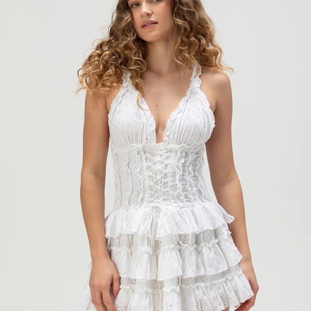 NWT Amy Jane London Iris Womens Eyelet Mini Dress - White Cotton S